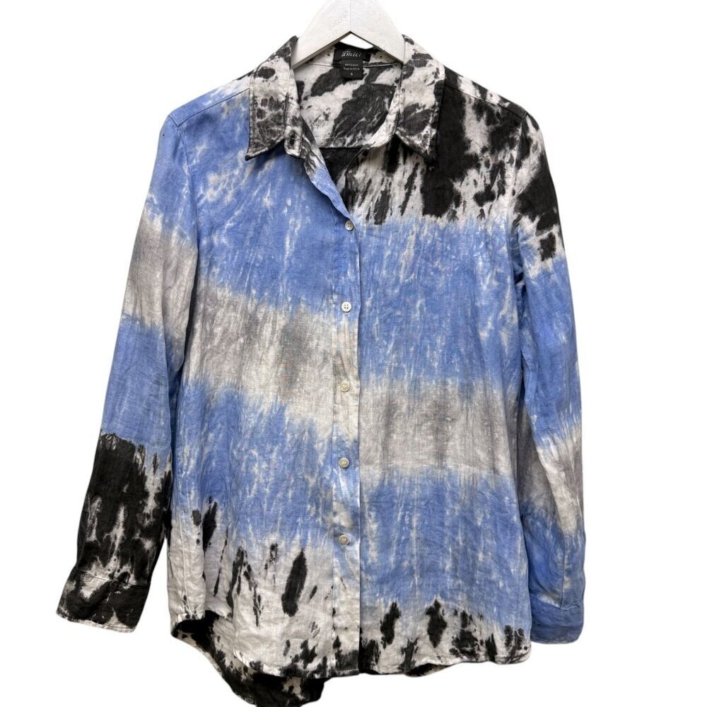 Pure Amici Linen Shirt Size Small Blue Gray Tie Dye Womens Button Up Top - Picture 6 of 8